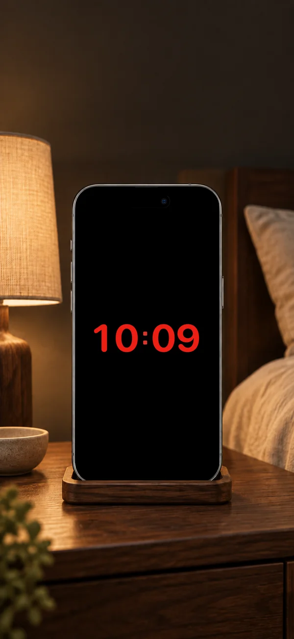 Night Red on an iPhone beside the bed. Clock Pro. Lower device brightness for evening use.