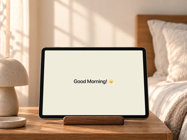 A personal morning message on an iPad, with the clock hidden. Clock Pro.